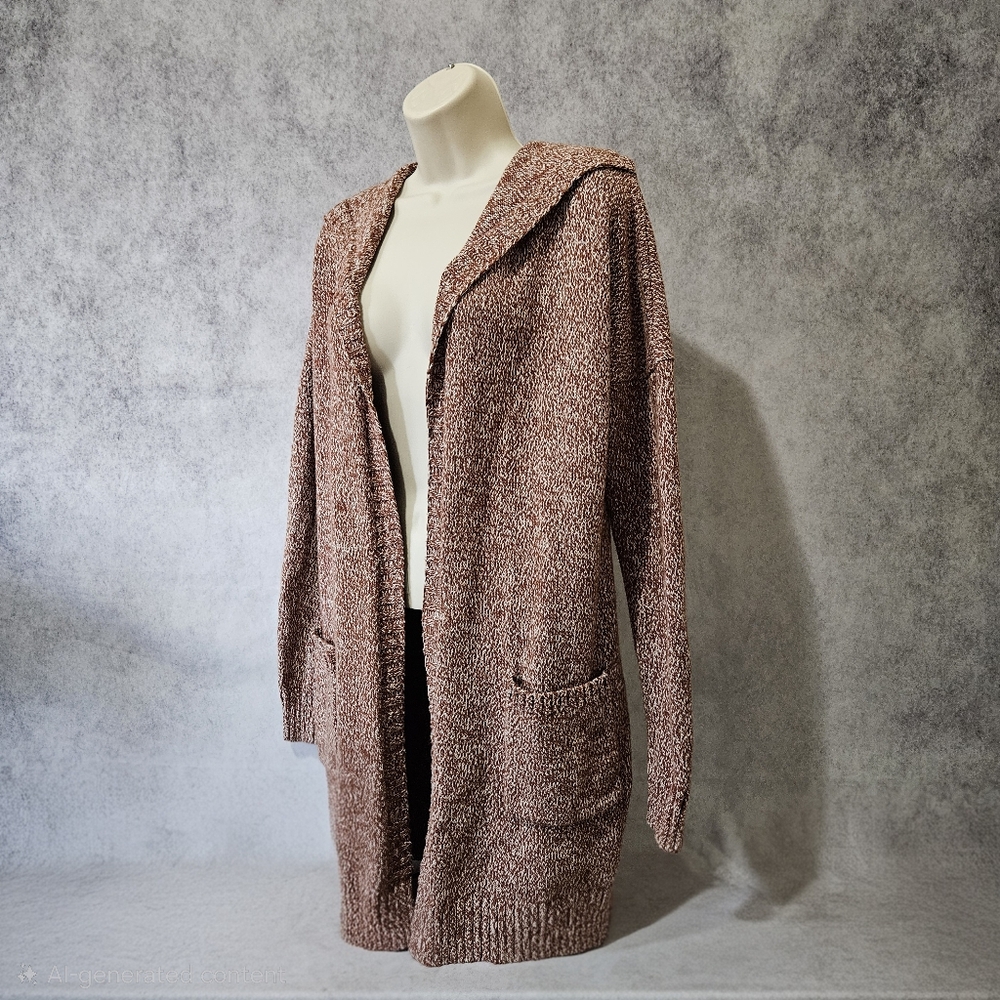 Tahari Hooded Open Front Marled Knit Sweater Cardigan with Pockets - Picture 3 of 11